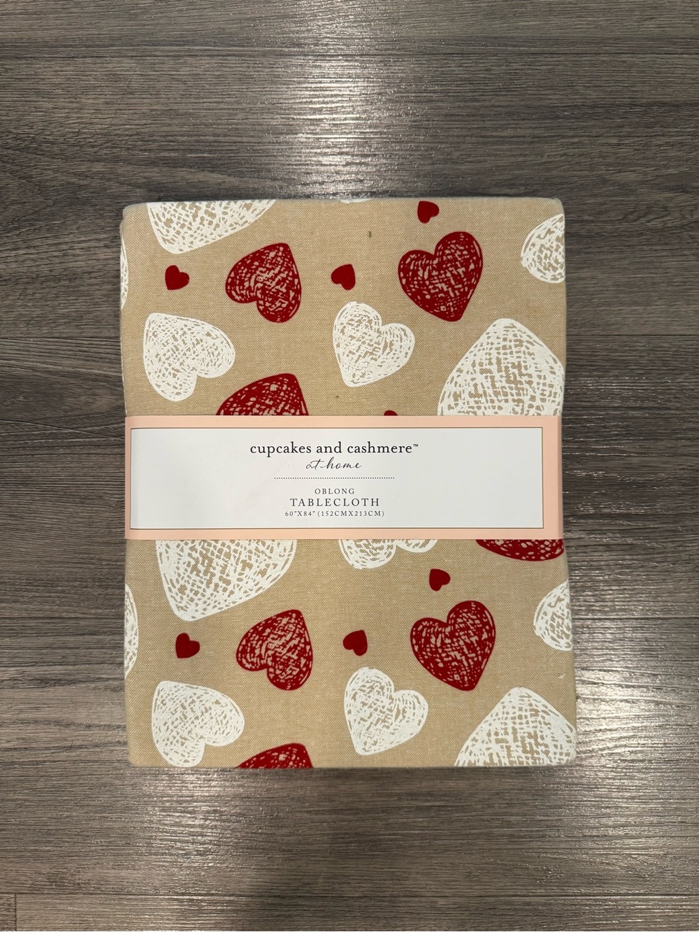 Cupcakes and Cashmere Heart Print Oblong Tablecloth Tan & Red 60" X 84"